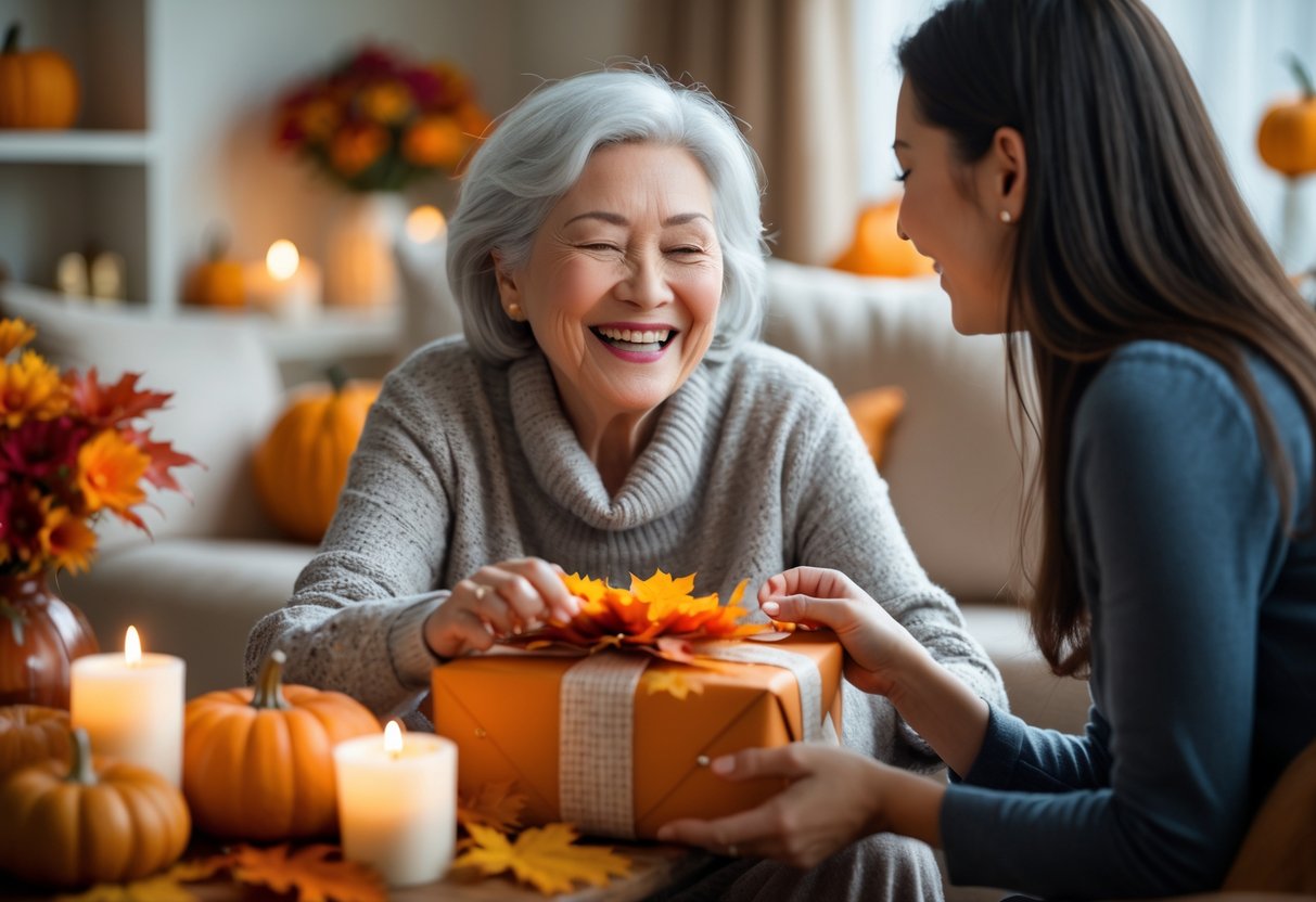 An elderly woman happily receiving a fall-themed gift from a younger woman in a cozy living room decorated with autumn leaves and pumpkins.