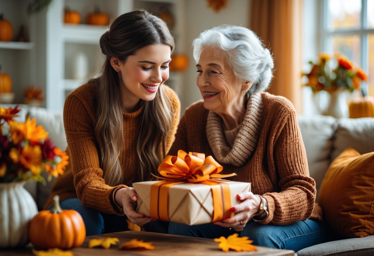 A granddaughter giving a wrapped fall gift to her smiling grandmother in a cozy living room decorated with autumn leaves and pumpkins.
