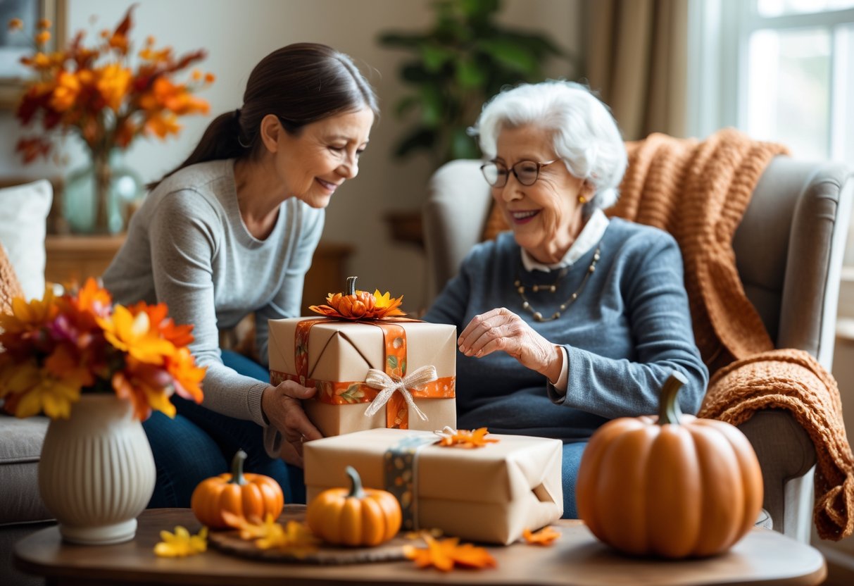 A granddaughter giving a personalized fall-themed gift to her smiling grandmother in a cozy living room decorated with autumn flowers and pumpkins.