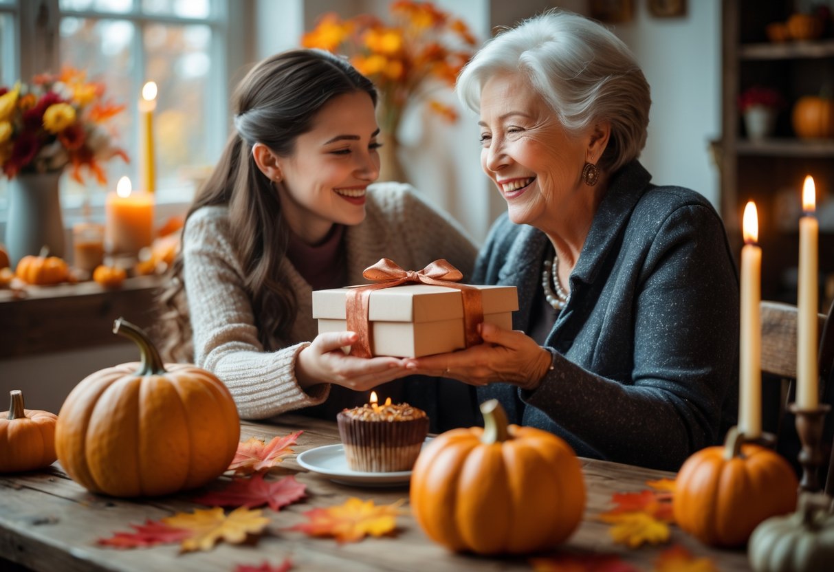 A granddaughter giving a wrapped gift to her grandmother at a decorated table with autumn leaves and a birthday cake.