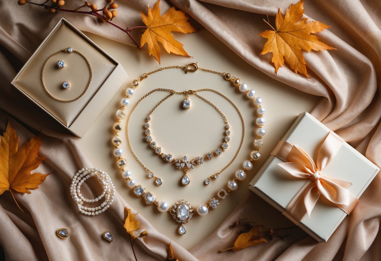 A flat lay of elegant gold and silver jewelry with autumn leaves and a partially open gift box on a warm fabric background.
