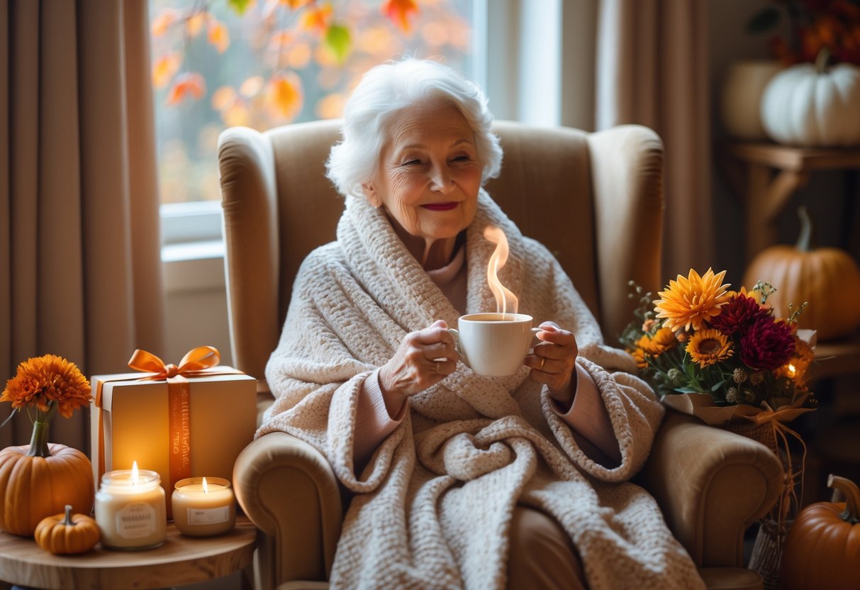 An elderly woman sitting in a cozy chair by a window with autumn light, wrapped in a blanket and holding a cup of tea, surrounded by fall-themed gifts and decorations.