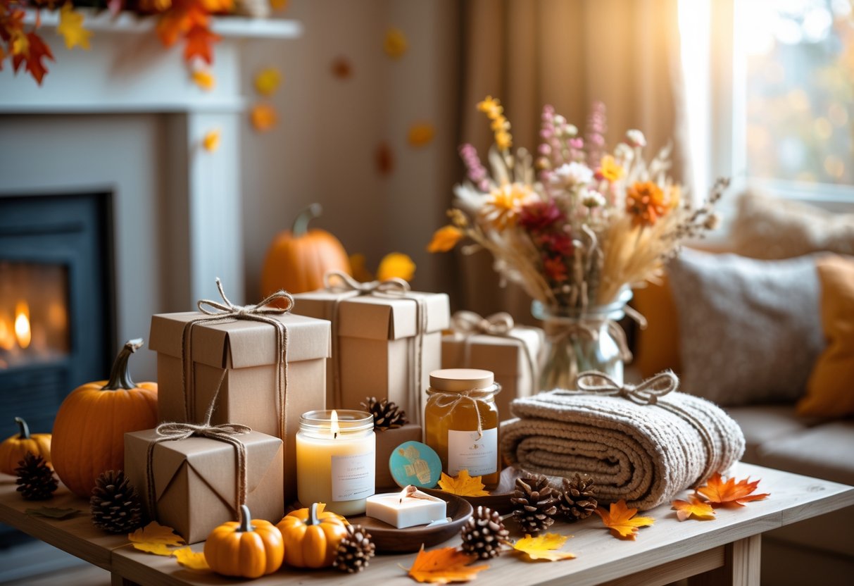 A cozy autumn table with wrapped gifts, candles, herbal tea, a knitted blanket, and fall decorations celebrating a grandmother’s birthday.