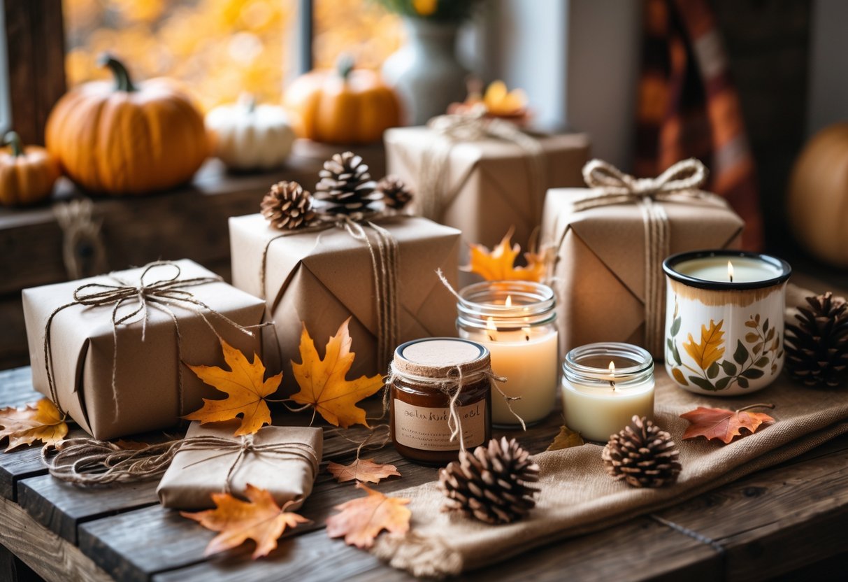 A collection of handmade fall gifts on a wooden table, including wrapped presents, autumn leaves, pine cones, and cozy items like a scarf and candles.