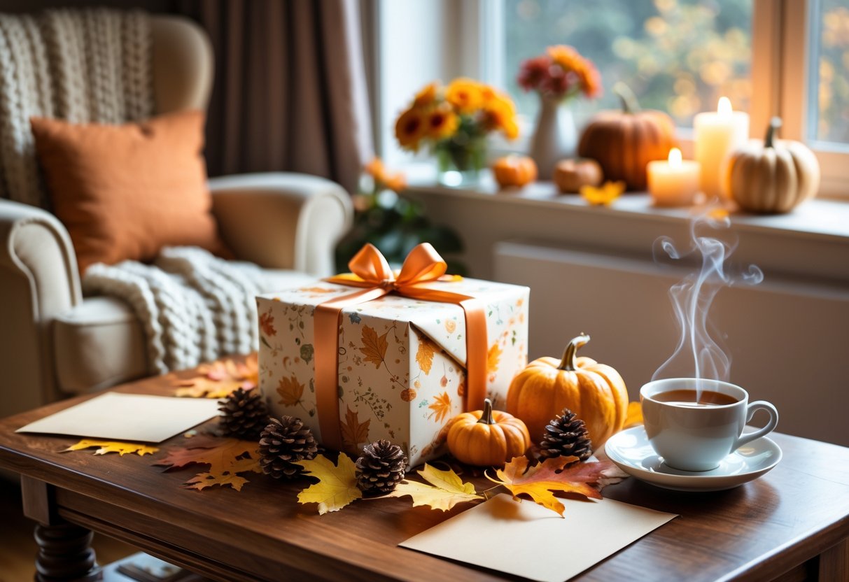 A cozy autumn living room with a wrapped gift, fall decorations, a cup of tea, and a card on a wooden table.