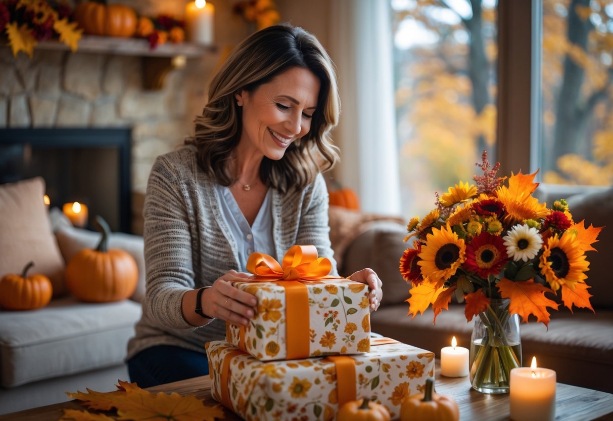 A smiling mother opening a wrapped gift in a cozy room decorated with pumpkins, fall leaves, and flowers during autumn.