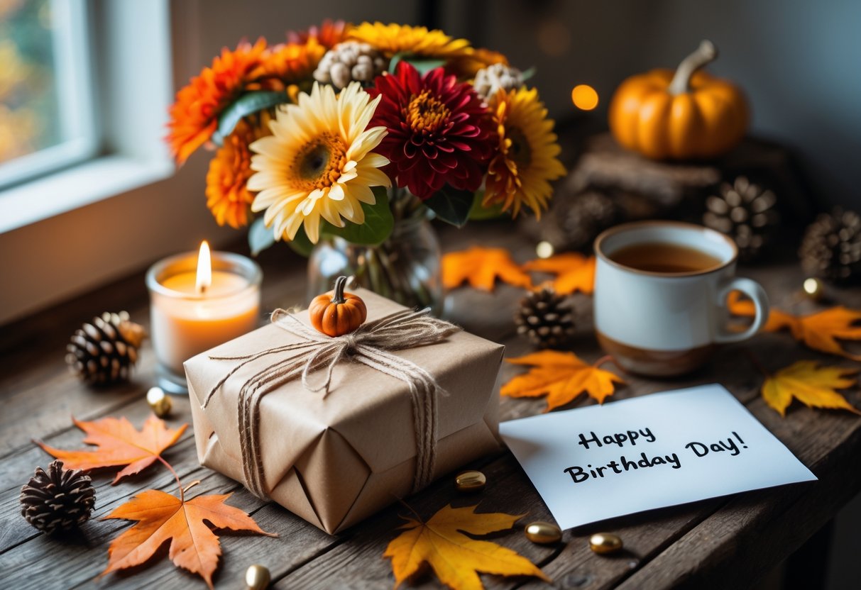 A cozy fall-themed birthday gift arrangement on a wooden table with autumn leaves, a wrapped present, seasonal flowers, a lit candle, and a cup of tea.
