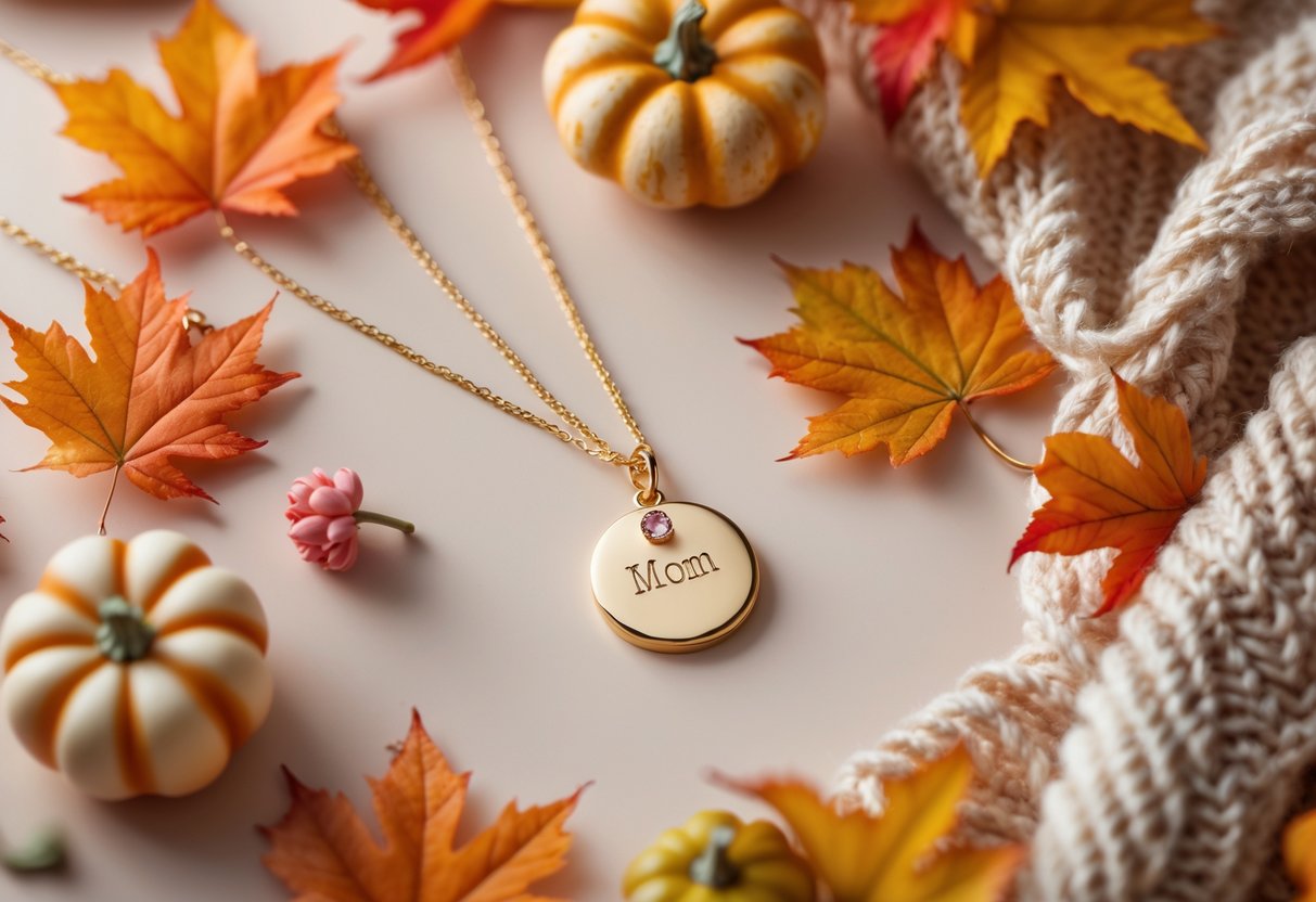 Close-up of a personalized gold necklace with a pendant on a warm autumn background with colorful leaves and small pumpkins.