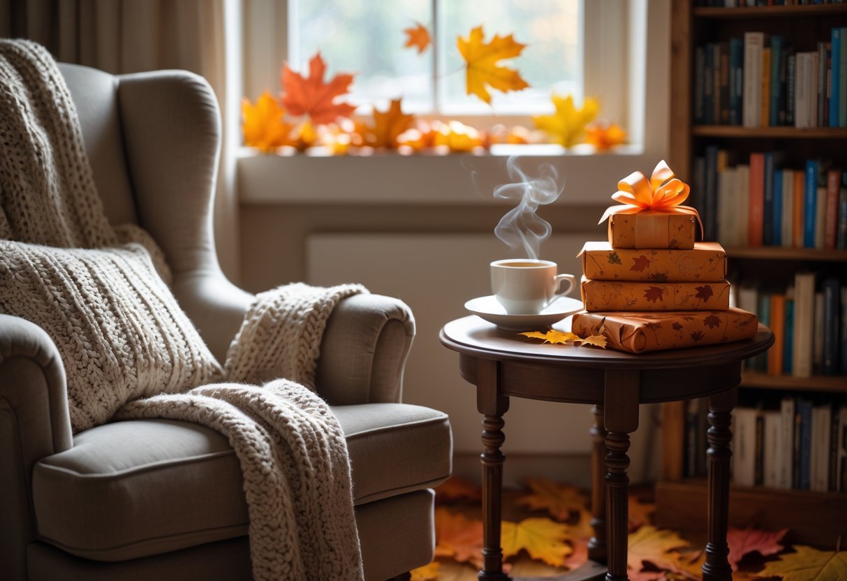 Cozy reading nook with an armchair, wrapped gifts, a cup of tea, and books surrounded by fall decorations.