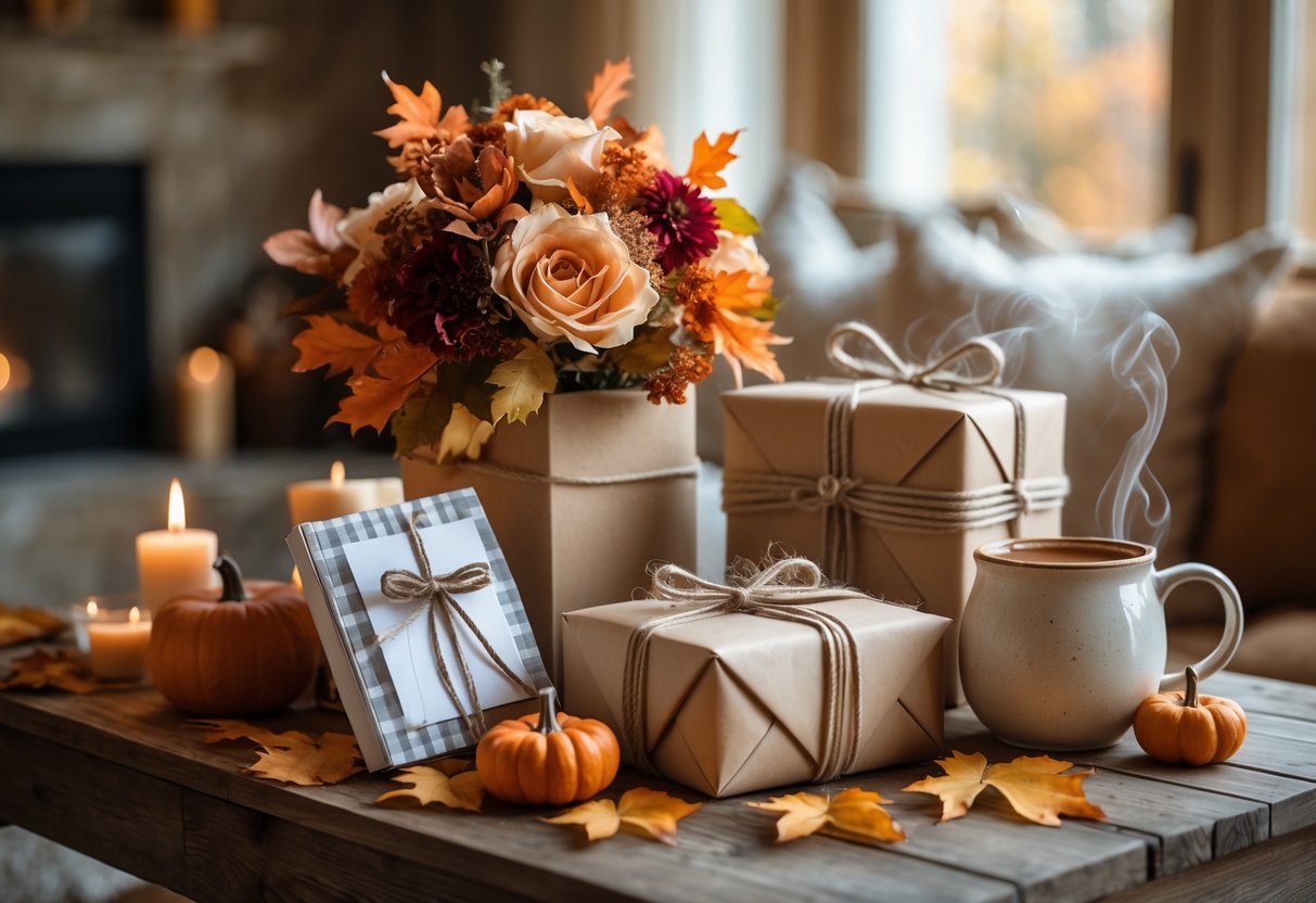 A cozy indoor scene with fall-themed birthday gifts for a mom, including a photo album, flowers, a wrapped box, and a ceramic mug on a wooden table decorated with autumn leaves and pumpkins.