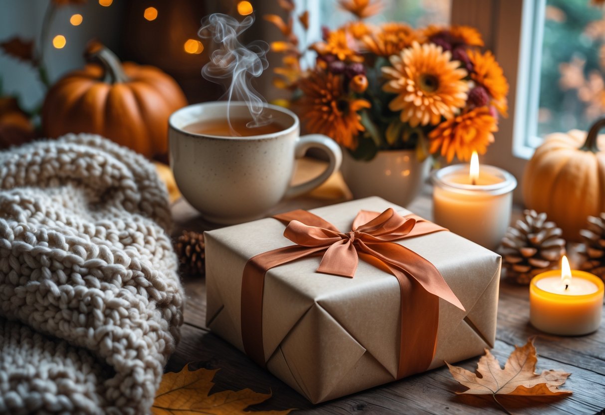 A cozy autumn scene with a wrapped gift, a knitted blanket, a cup of tea, candles, and fall flowers arranged on a wooden table.