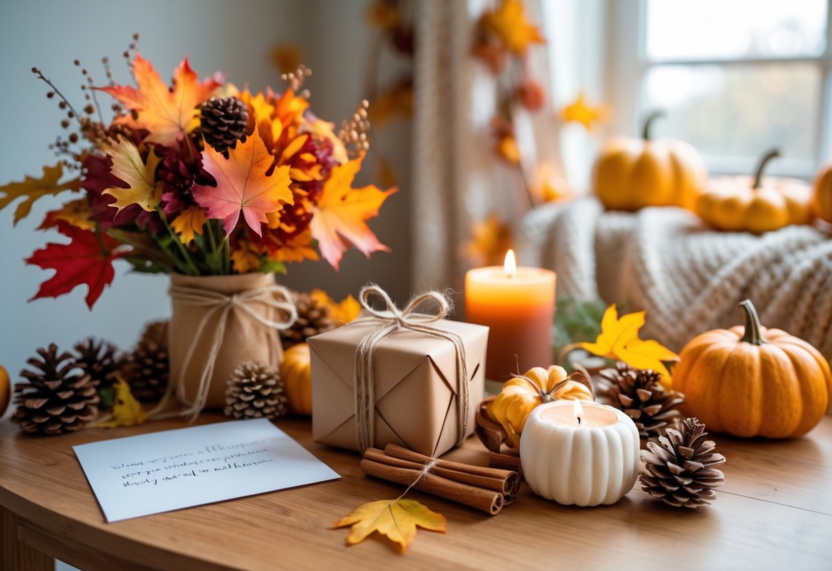A cozy table with autumn-themed birthday gifts including flowers, a wrapped present, a candle, and fall decorations like pumpkins and pinecones.