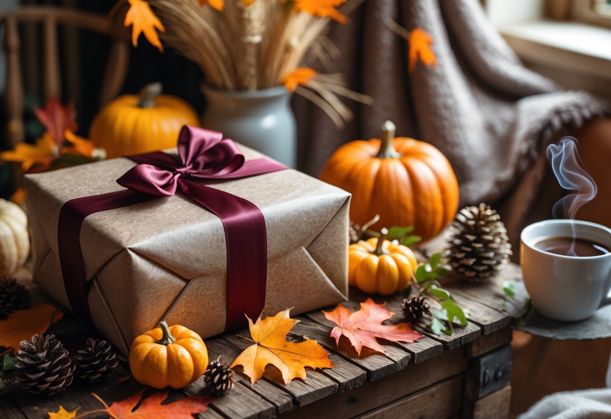 A beautifully wrapped birthday gift surrounded by autumn leaves, pumpkins, pine cones, and cozy decorations on a wooden table.