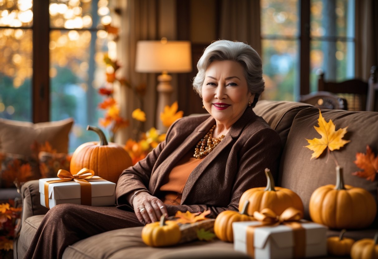 A mature woman smiling warmly in a cozy room decorated with autumn leaves and pumpkins, surrounded by wrapped birthday gifts.