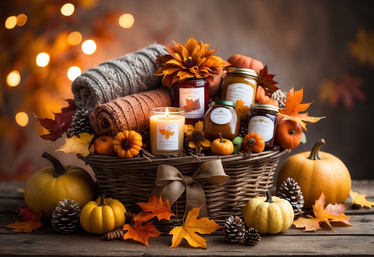 A fall gift basket filled with cozy scarves, candles, chocolates, jams, fruits, and small pumpkins on a wooden table surrounded by autumn leaves and pine cones.