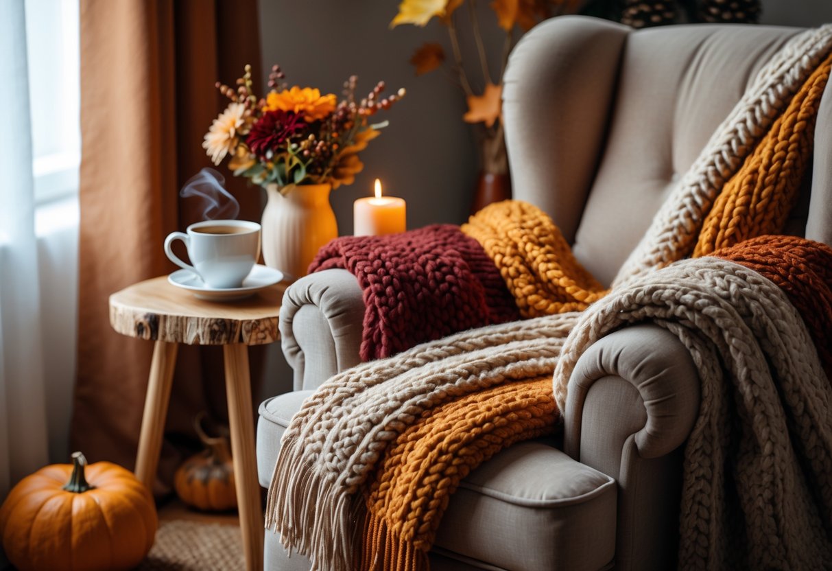 A cozy living room corner with an armchair covered in warm autumn-colored blankets and throws, a side table with a cup, flowers, and a candle, surrounded by seasonal autumn decorations.