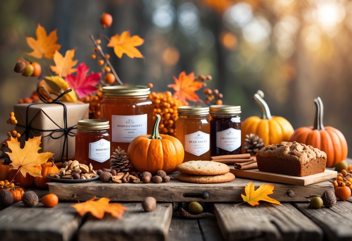 A rustic wooden table with assorted edible fall gifts including jars of preserves, honey, spiced nuts, pumpkin bread, cinnamon cookies, and autumn leaves and small pumpkins arranged around them.