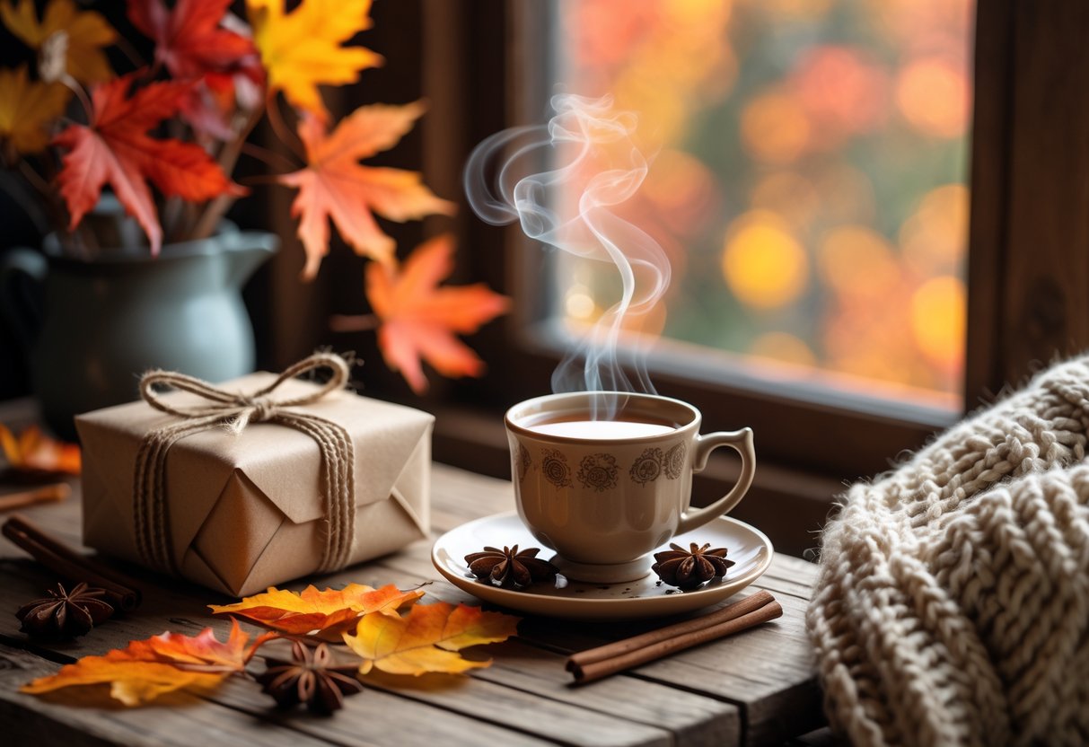 A steaming cup of warm beverage on a wooden table surrounded by autumn leaves and a wrapped gift, with a cozy blanket and fall foliage visible through a window.