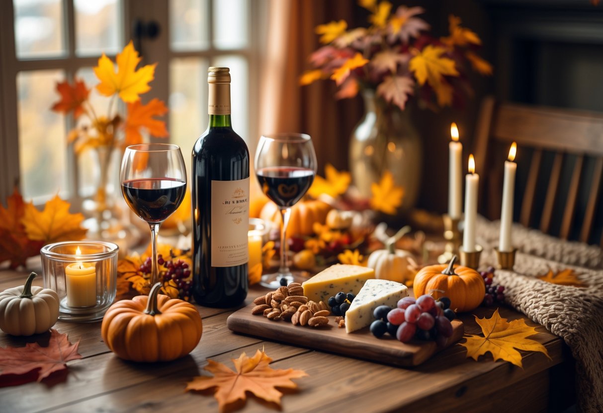 A cozy autumn dining table set with wine, cheese, pumpkins, and candles for a birthday celebration.