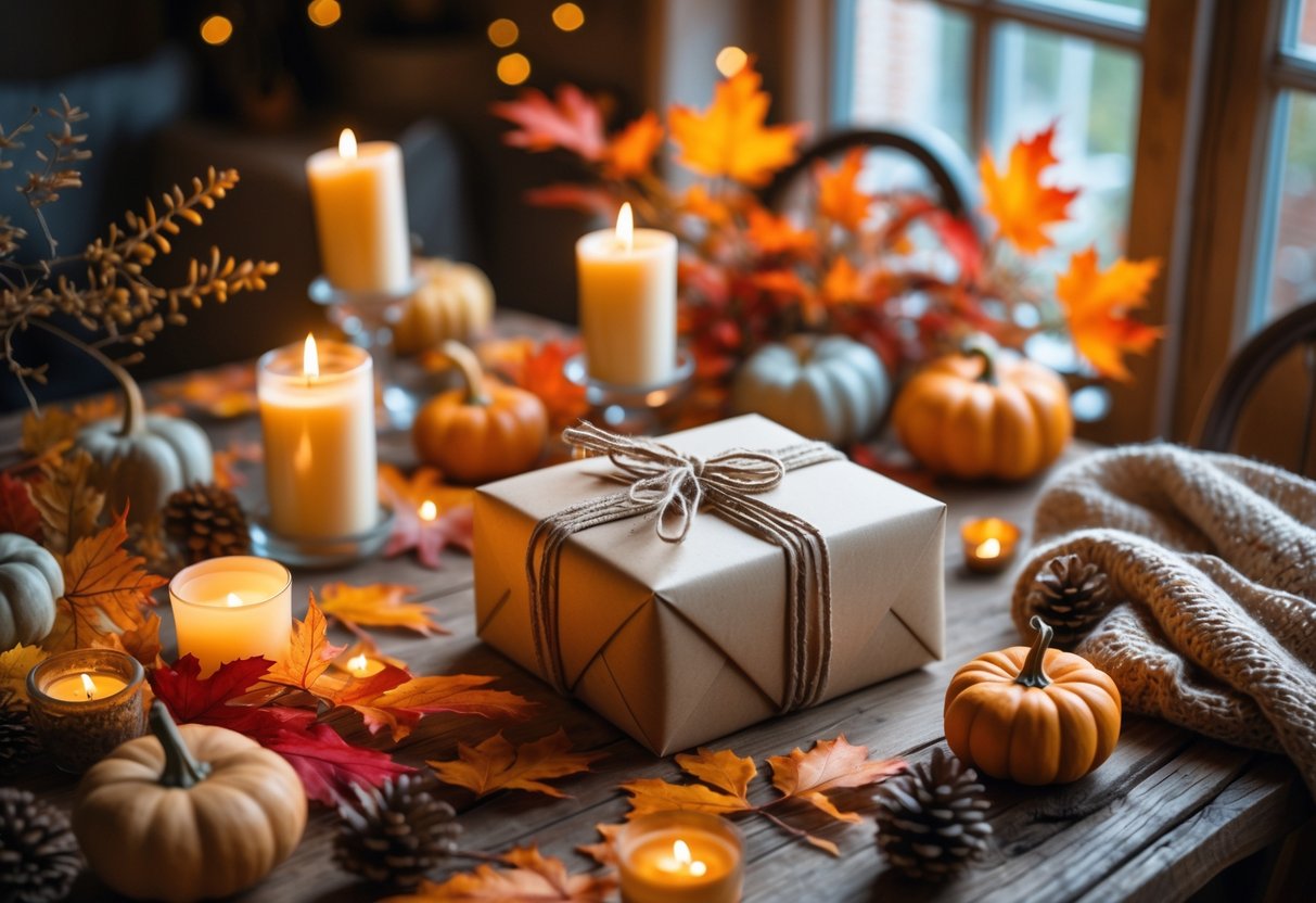 A cozy table decorated with candles, autumn leaves, small pumpkins, and a wrapped gift box in a warm home setting.