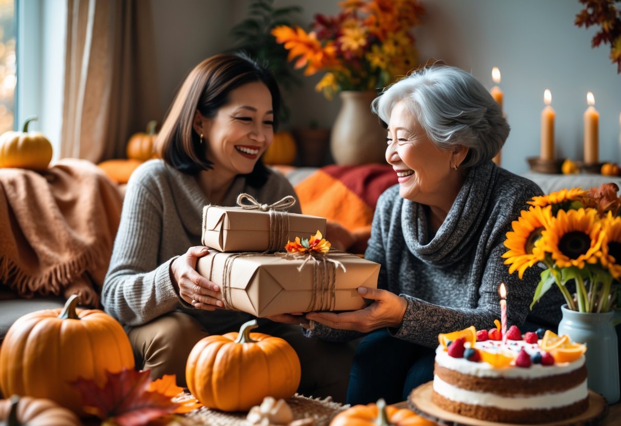 A middle-aged woman and an elderly woman exchanging wrapped birthday gifts in a cozy living room decorated with pumpkins, fall leaves, and flowers.