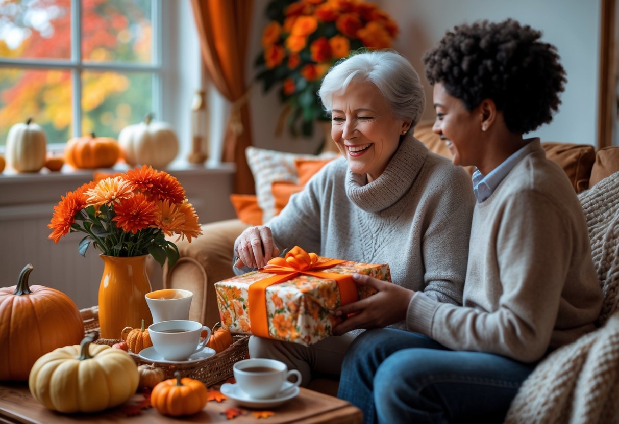 A mother or grandmother happily receiving a birthday gift from a family member in a cozy living room decorated with fall leaves and pumpkins.