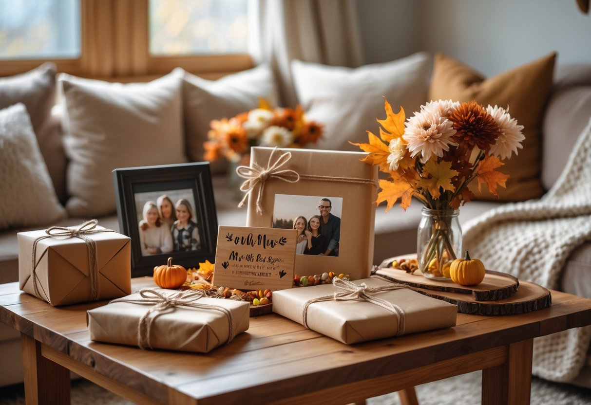 A cozy autumn scene with personalized gifts including a wrapped box, photo frame, wooden keepsake, and fall flowers on a wooden table in a warm living room.