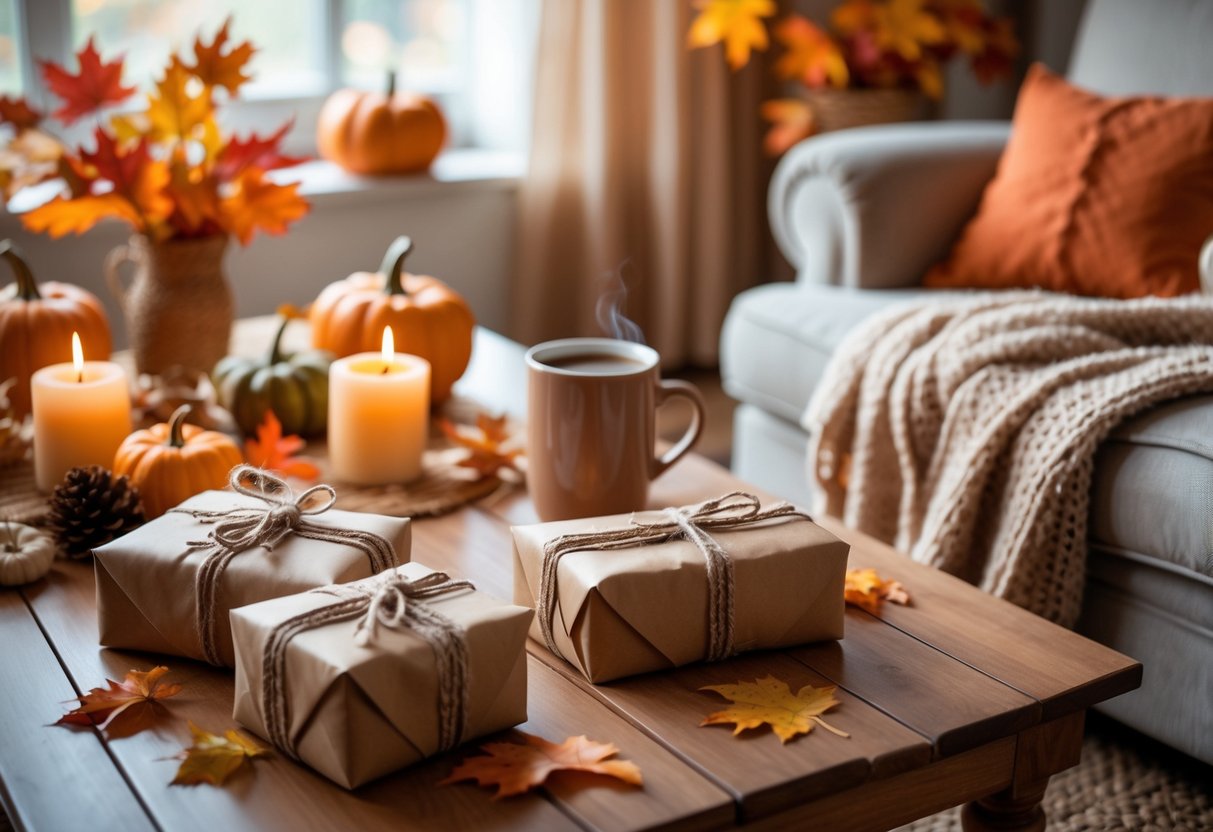 A cozy living room with fall decorations, wrapped gifts, a steaming mug, and a knitted blanket on an armchair.
