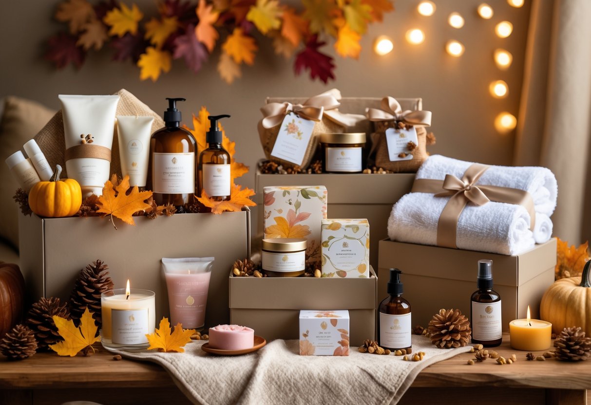 A collection of spa and self-care gift sets with candles, bath products, and autumn decorations arranged on a wooden table.