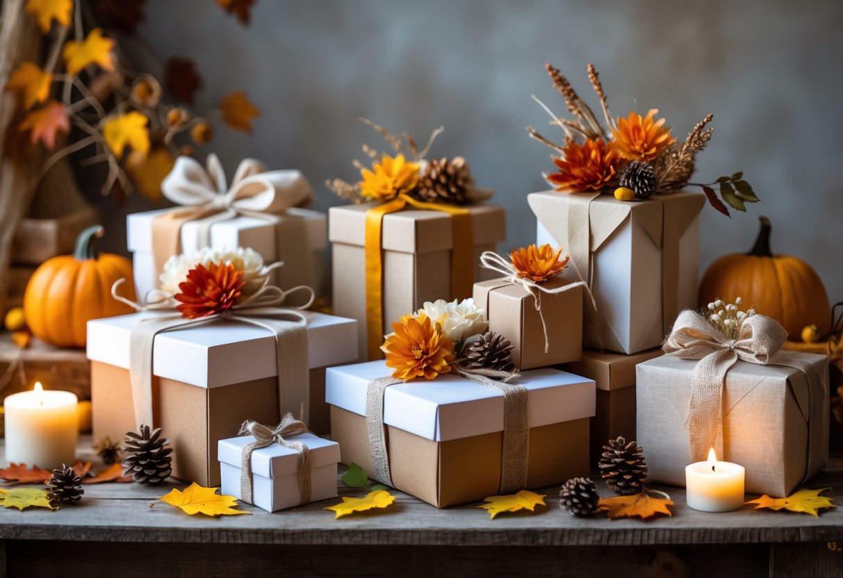A collection of beautifully wrapped gift boxes on a wooden table surrounded by autumn leaves, pumpkins, and candles.