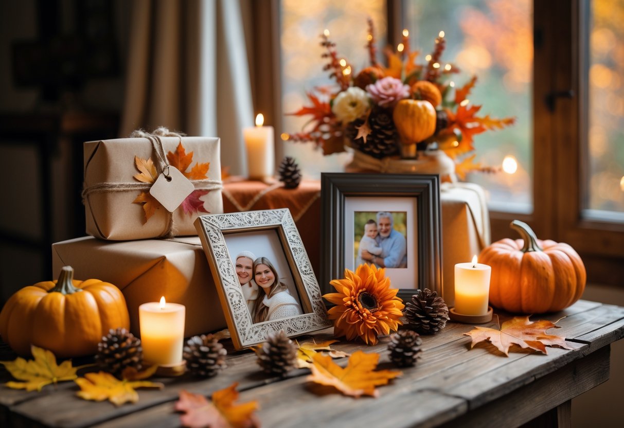 A cozy fall scene with personalized birthday gifts including a wrapped present, photo frame, knitted scarf, and autumn decorations on a wooden table.