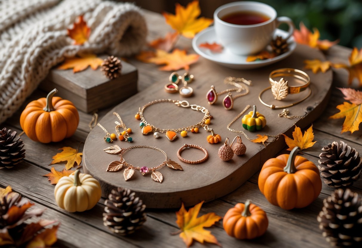 A collection of fall-themed jewelry and accessories arranged on a wooden table with autumn leaves, pumpkins, and pinecones.