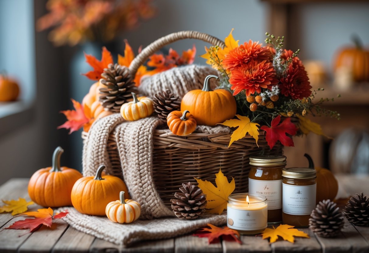 A fall-themed gift basket with pumpkins, leaves, a scarf, preserves, and flowers on a wooden table.