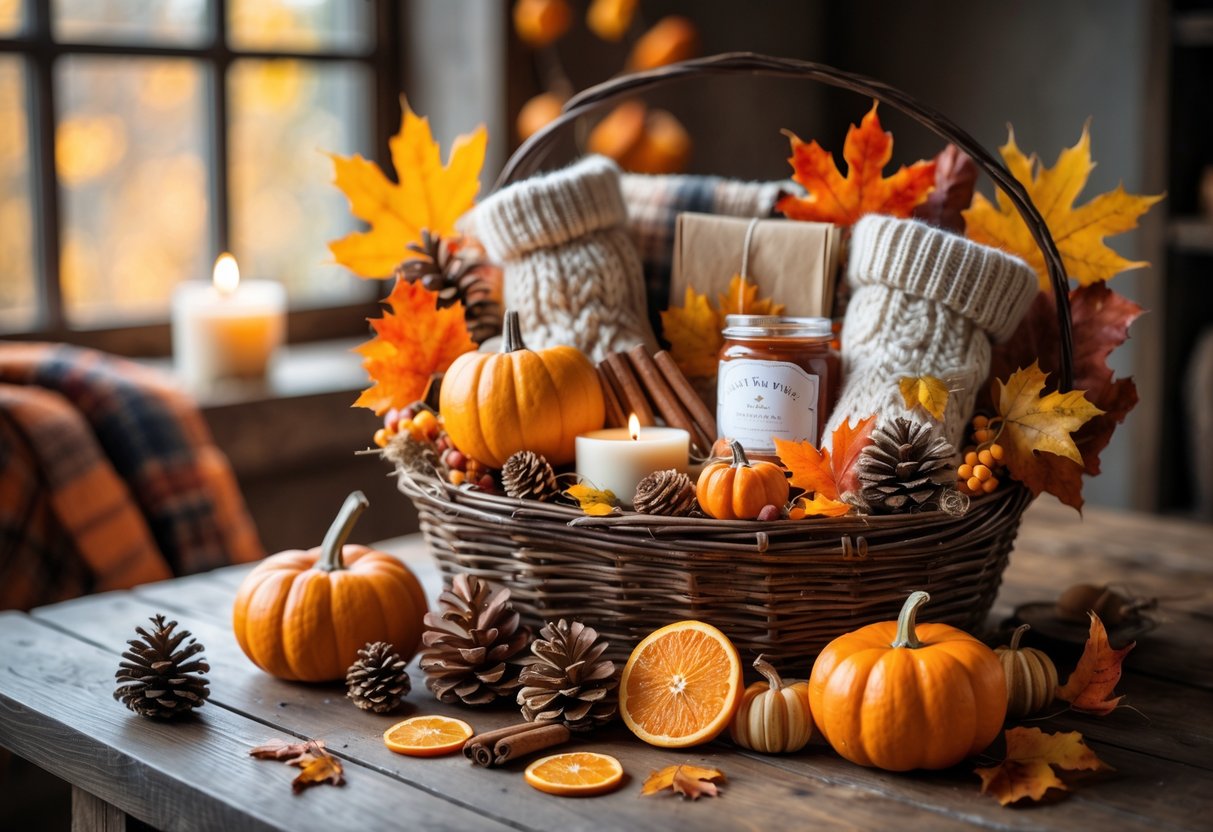 A fall gift basket filled with seasonal items like pumpkins, cinnamon sticks, dried orange slices, knitted socks, and a candle on a wooden table with autumn leaves and soft natural light.