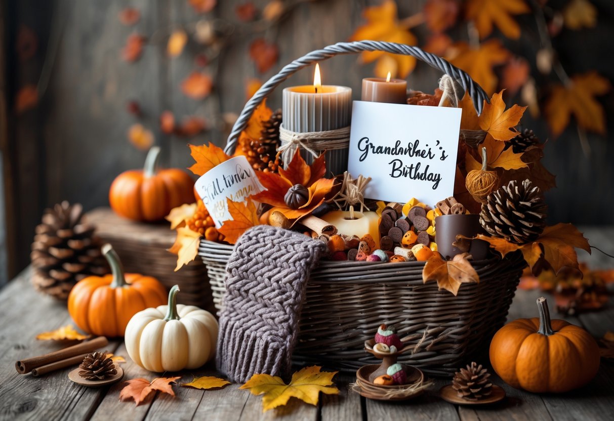 A fall-themed gift basket with cozy items and autumn decorations on a rustic wooden table.