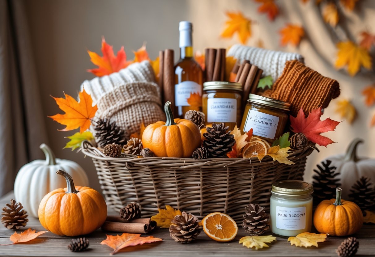 A fall gift basket filled with pumpkins, pine cones, dried orange slices, knitted scarves, candles, and preserves on a wooden table surrounded by autumn leaves.