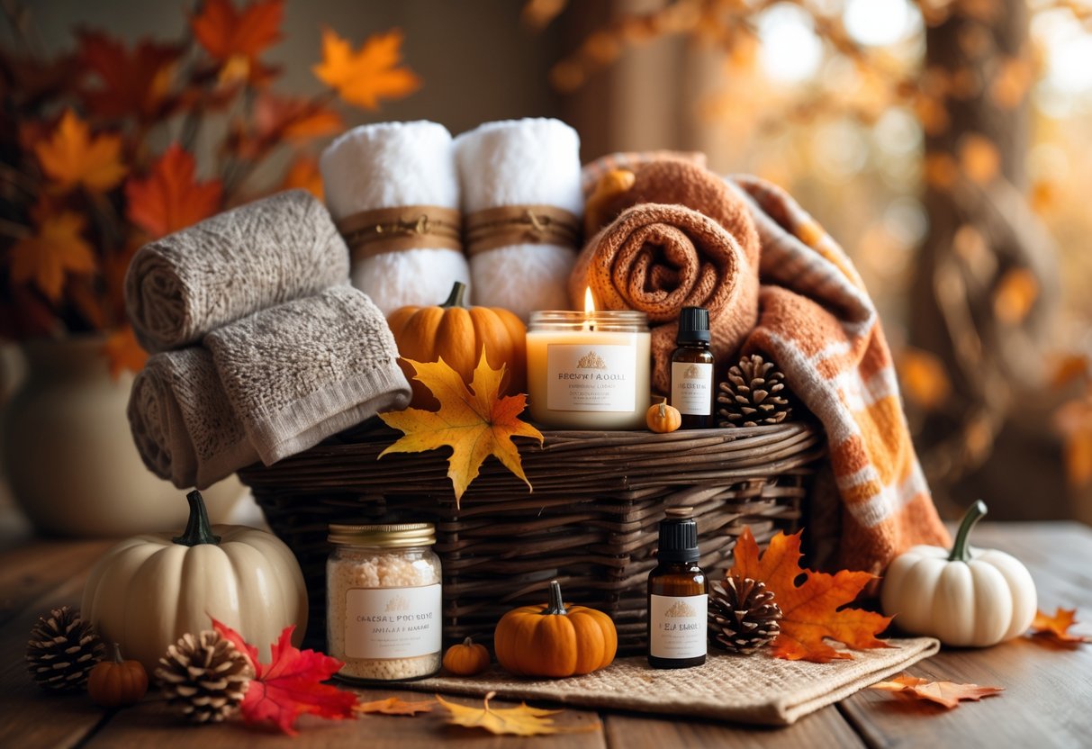 A fall-themed gift basket with spa items, cozy scarf, scented candles, and autumn decorations on a wooden table.