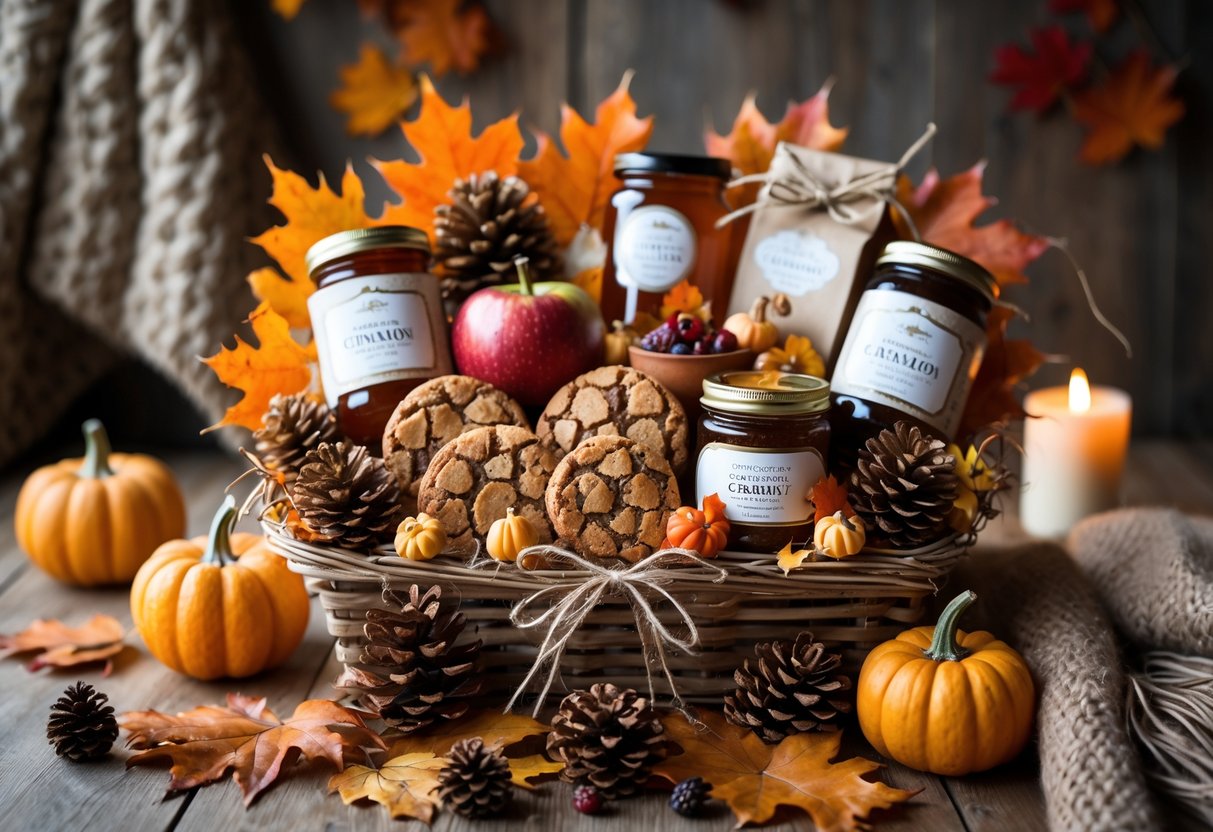 A fall-themed gift basket filled with autumn treats like cookies, caramel apples, nuts, and small pumpkins on a wooden table with autumn leaves and cozy decorations in the background.