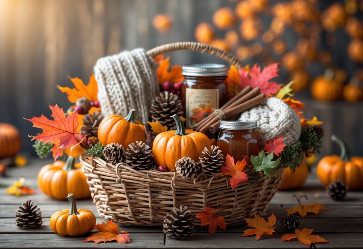 A fall-themed gift basket filled with pumpkins, pinecones, autumn leaves, knitted items, and gourmet treats on a rustic wooden table with autumn decorations in the background.