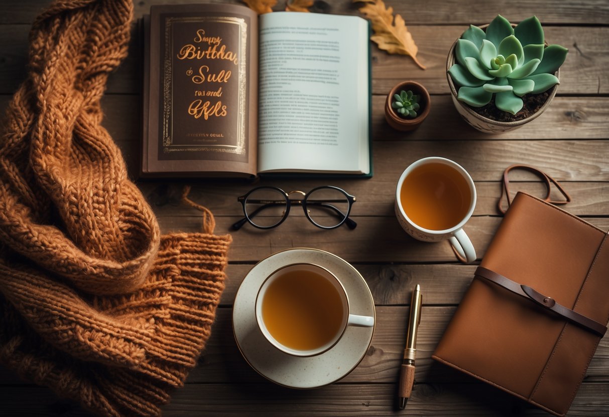Flat lay of fall gifts including a knitted scarf, hardcover book, reading glasses, cup of tea, potted succulent, and leather journal on a wooden table.