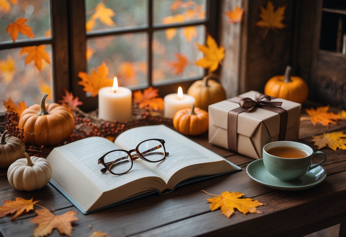 A cozy autumn scene with a wooden table holding a wrapped gift, an open book with glasses, a cup of tea, and fall decorations near a window showing fall leaves.