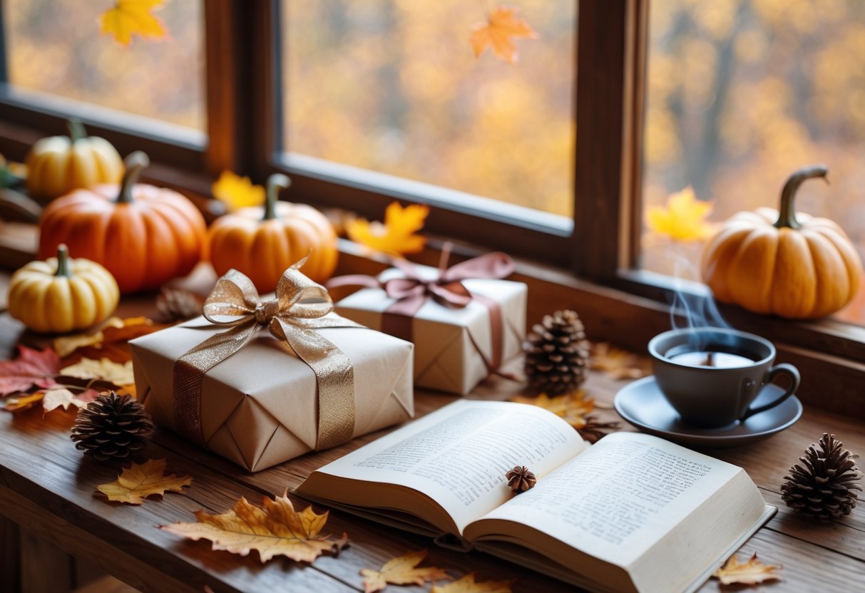 A cozy autumn scene with fall decorations, wrapped gifts, an open book, and a cup of tea on a wooden table near a window showing colorful fall leaves.