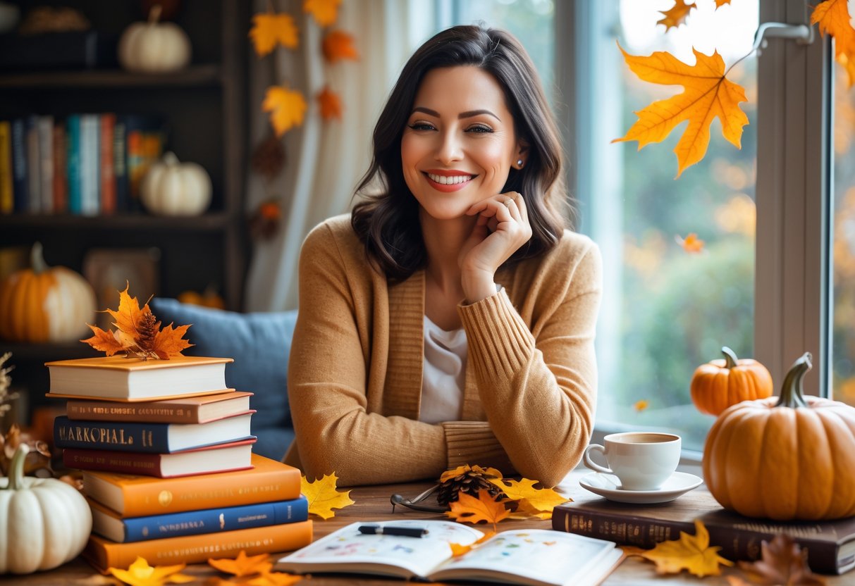 A woman sitting at a table surrounded by fall-themed gifts like books, puzzles, and tea, looking thoughtful and content in a cozy room with autumn decorations.