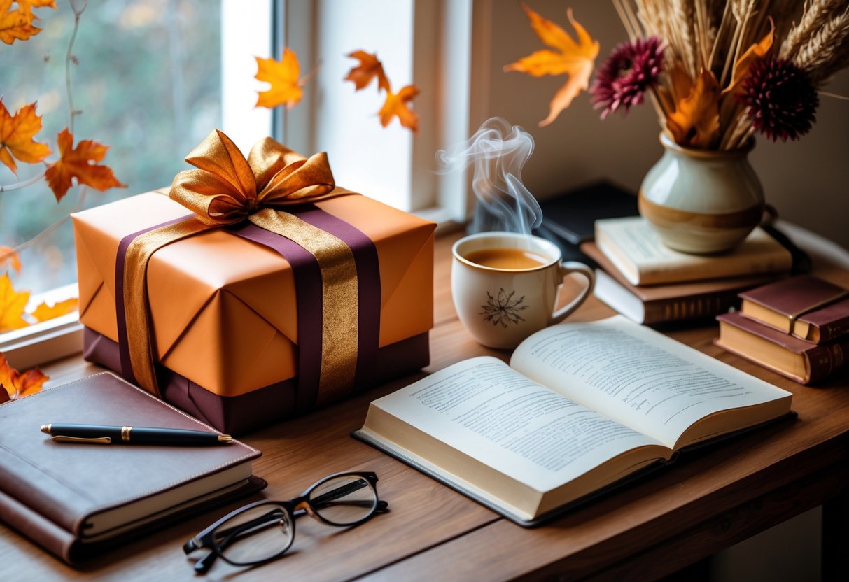 A cozy autumn scene with a wrapped gift box, journal, reading glasses, herbal tea, and books arranged on a wooden table near a window with fall leaves and flowers.