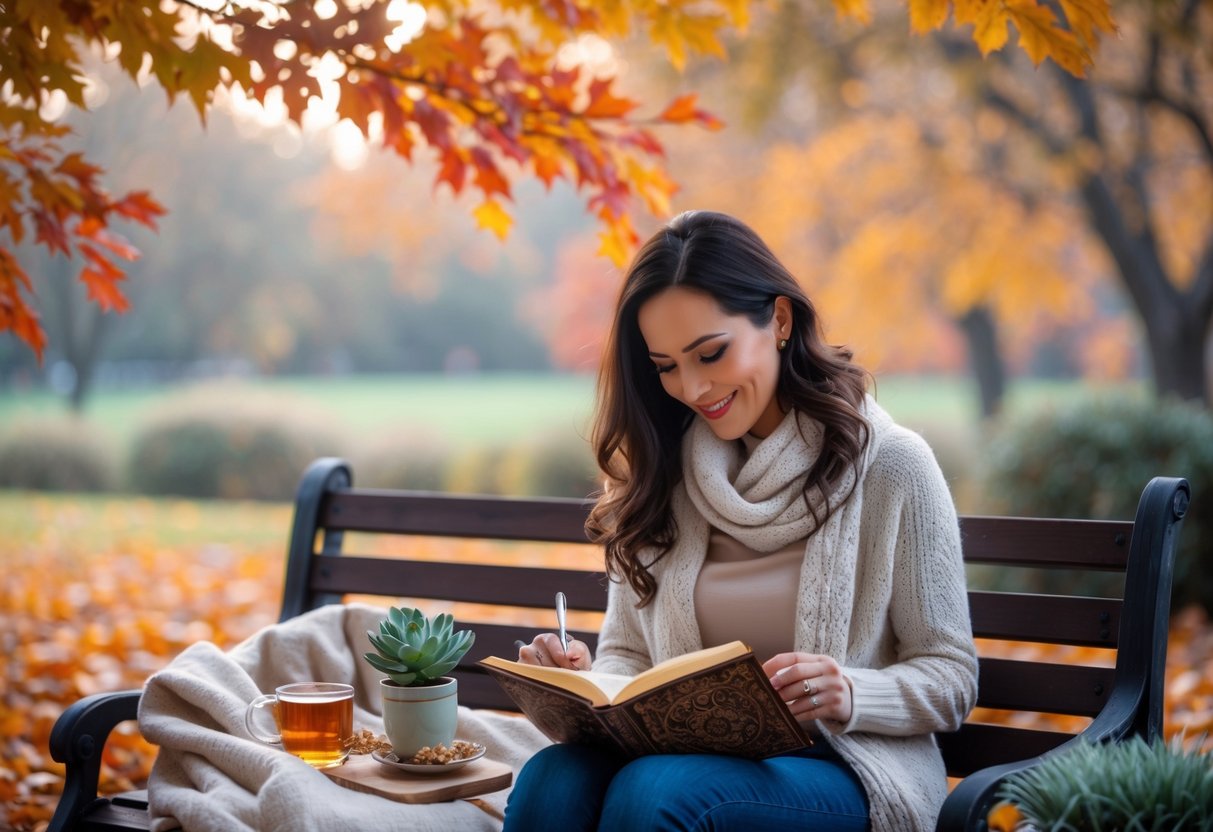A woman sitting on a bench outdoors in autumn, reading a book and surrounded by fall leaves, a blanket, and a cup of tea.