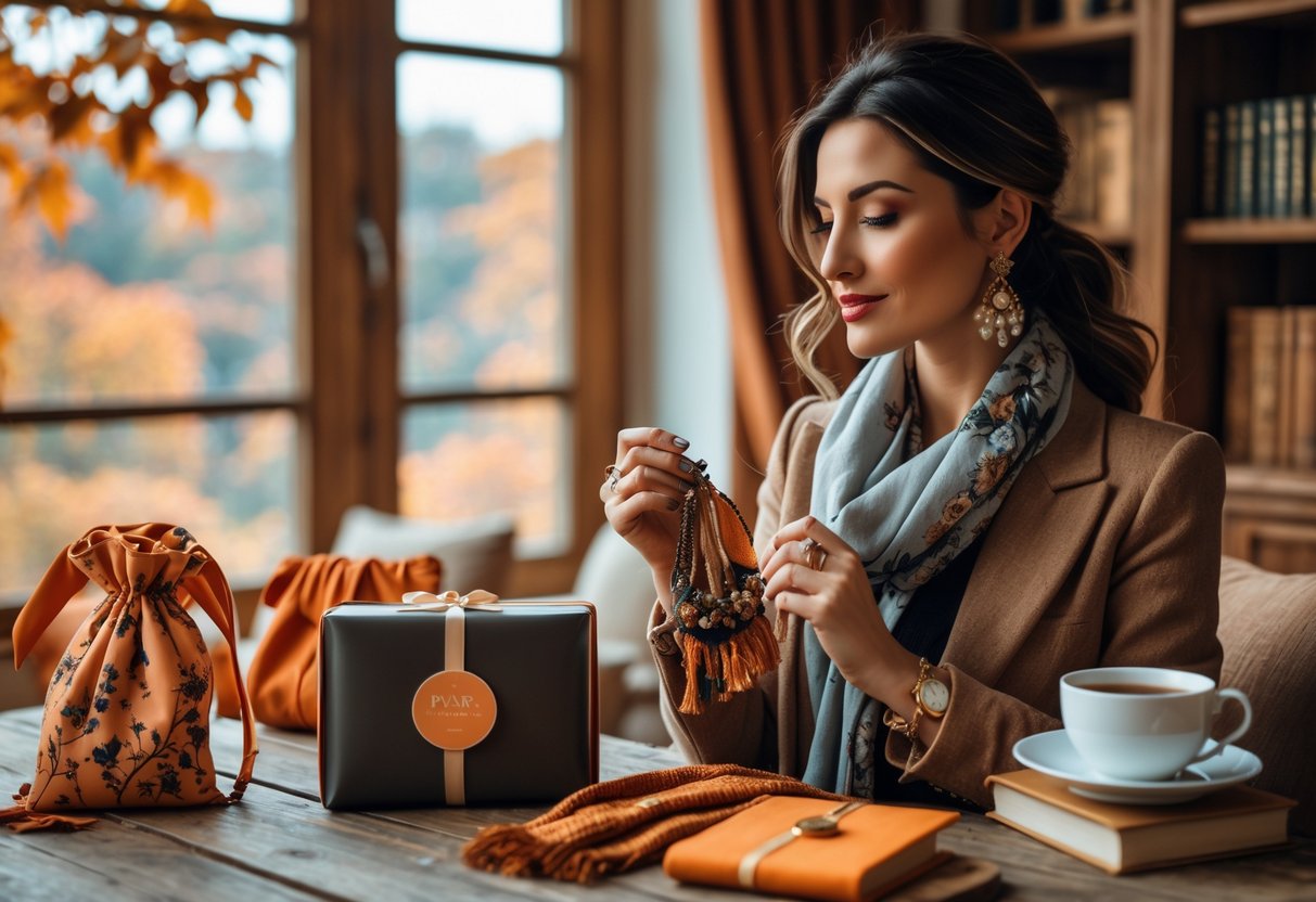 A woman in a cozy autumn room surrounded by unique fashion accessories and books, with fall colors and soft natural light.