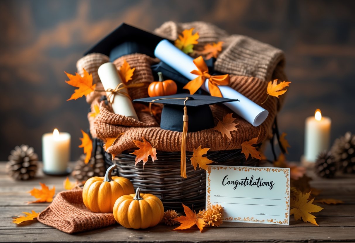 A gift basket filled with fall-themed items and graduation decorations on a wooden table.