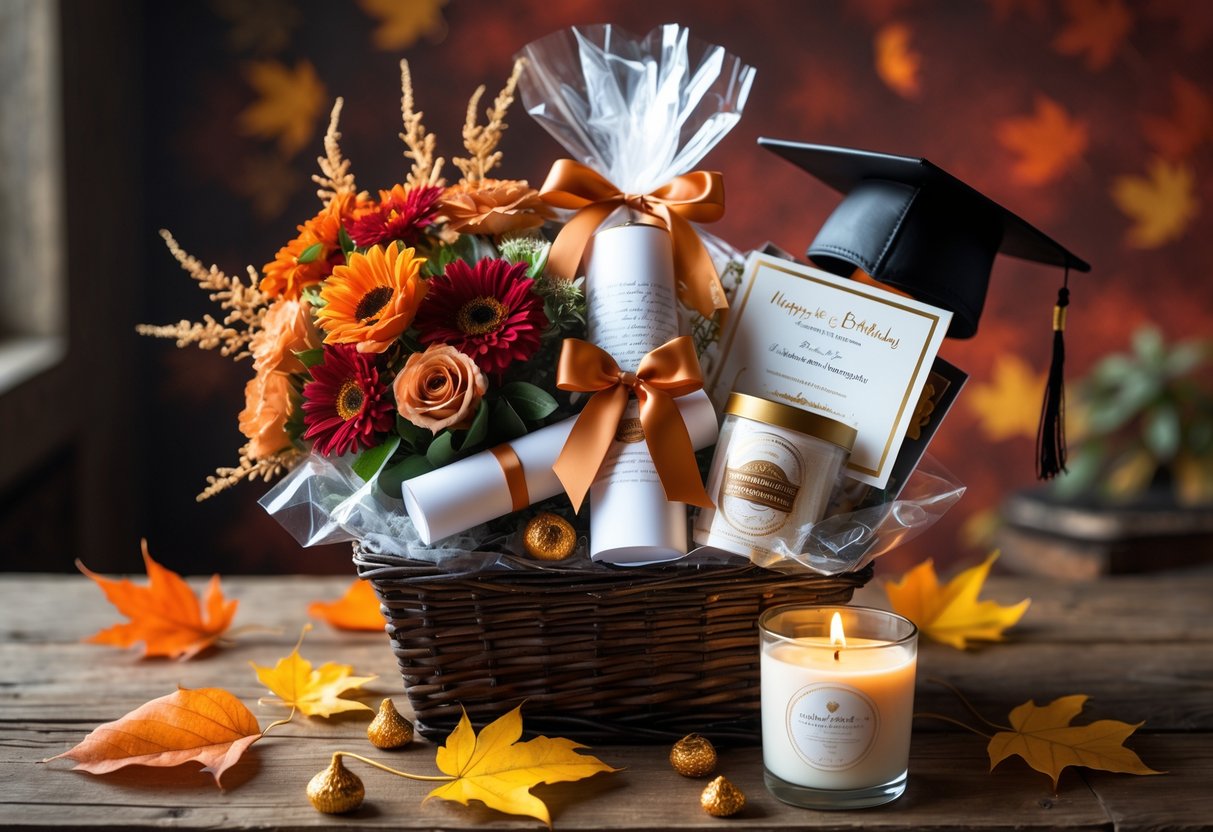 A gift basket filled with autumn flowers, a rolled diploma, a graduation cap ornament, chocolates, and a birthday card on a wooden table with fall leaves around it.