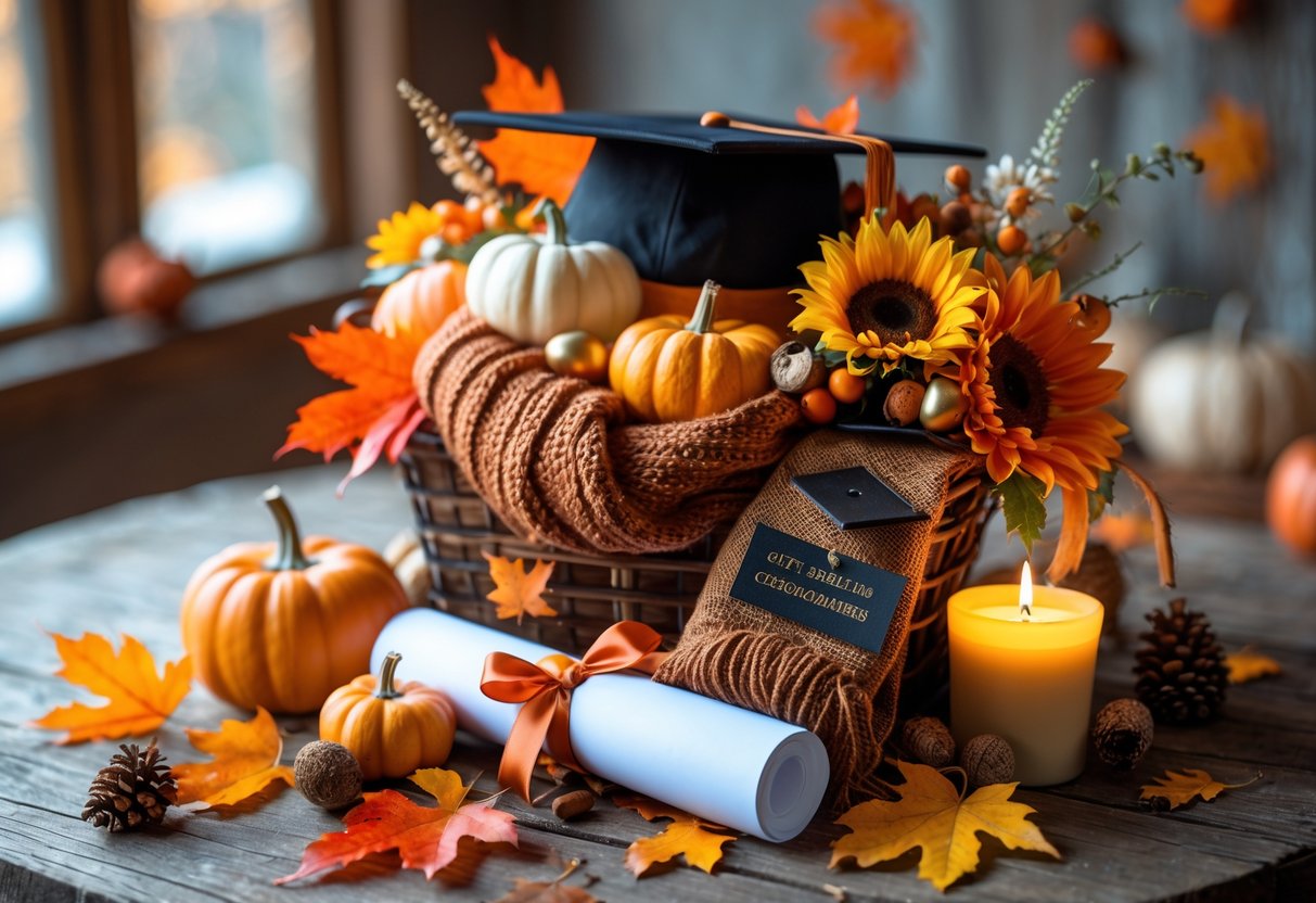 A gift basket filled with fall-themed items including pumpkins, autumn leaves, a graduation cap, diploma, chocolates, candle, and flowers on a wooden table.