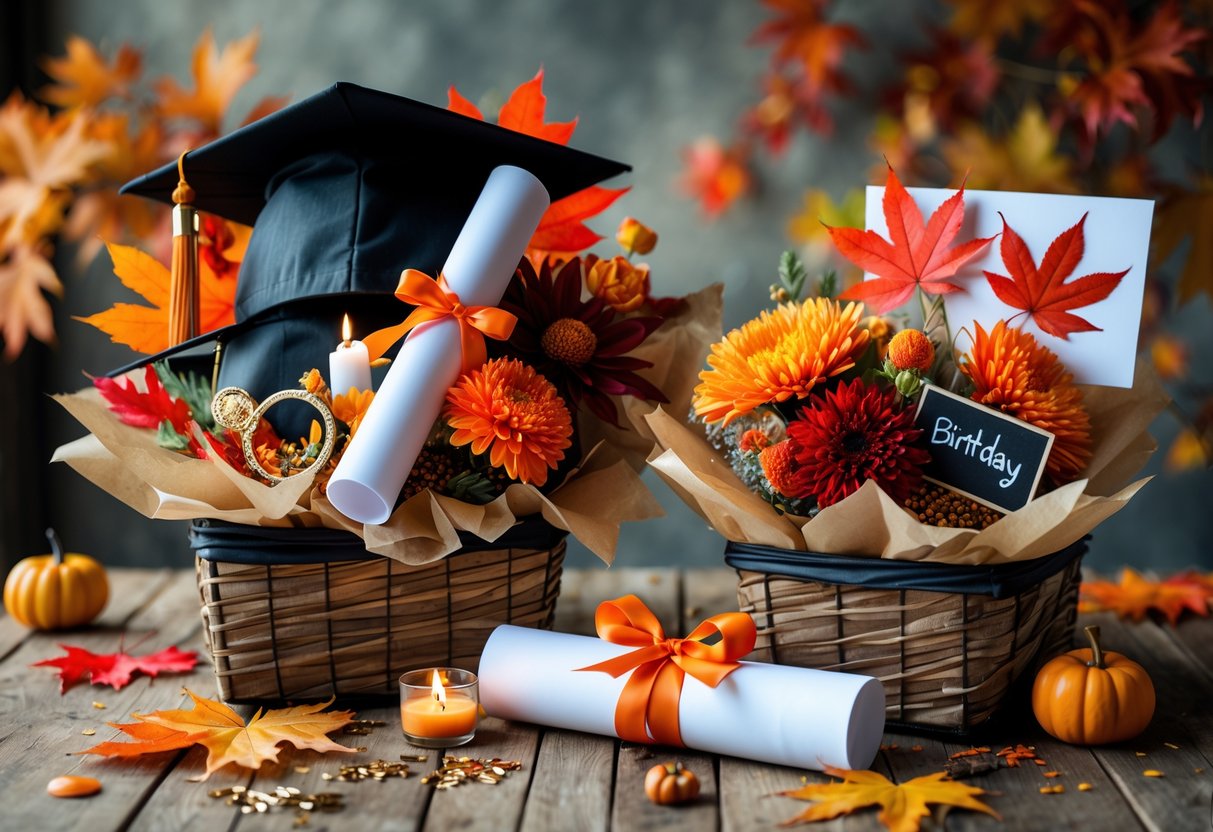 Gift baskets with graduation caps, diplomas, autumn leaves, and birthday decorations arranged on a wooden table with fall foliage in the background.